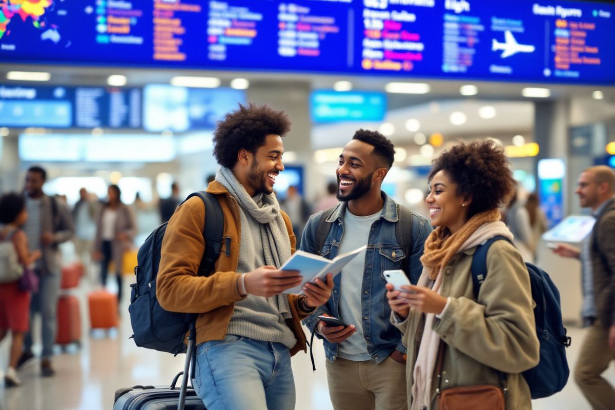 Voyageurs réunis à l’aéroport pour un séjour en groupe